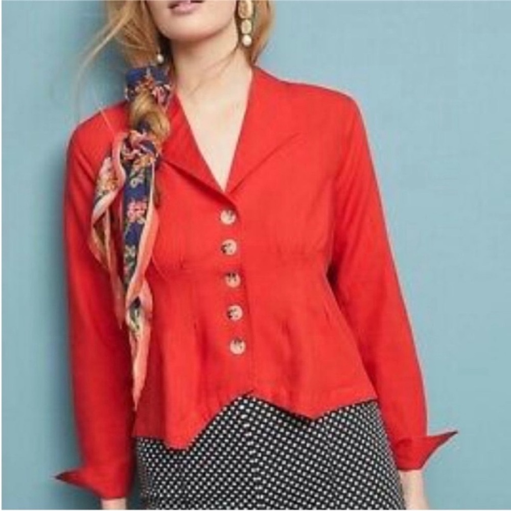 Anthropologie Maeve Button Down Cotton Linen Blend Pleated Blouse size 8